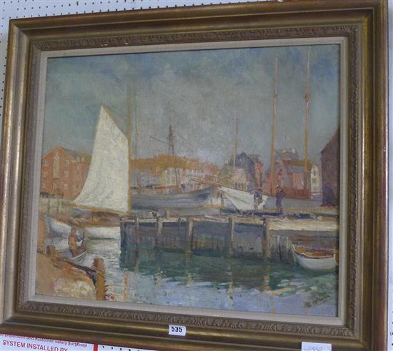 M Wilson, oil on canvas, harbour scene